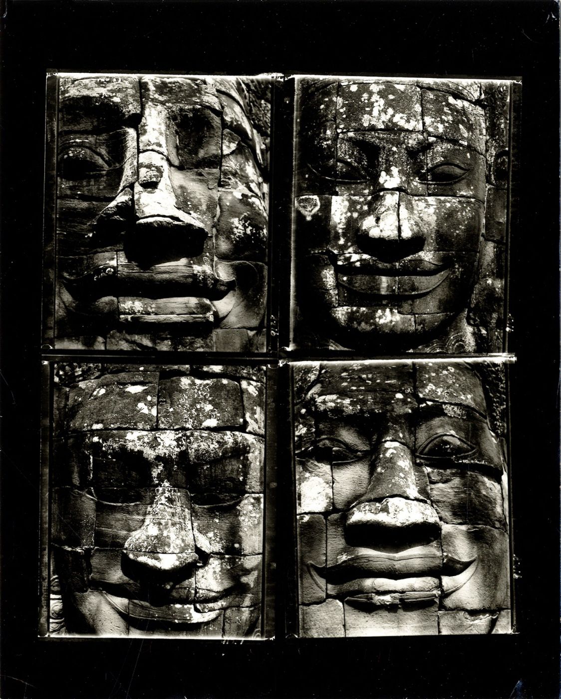 Bill Burke: "Four Faces at the Bayon, 1991" Vintage Toned Gelatin Silver Contact Print of Four Polaroid Negatives (10x8" Printed on AZO Paper)