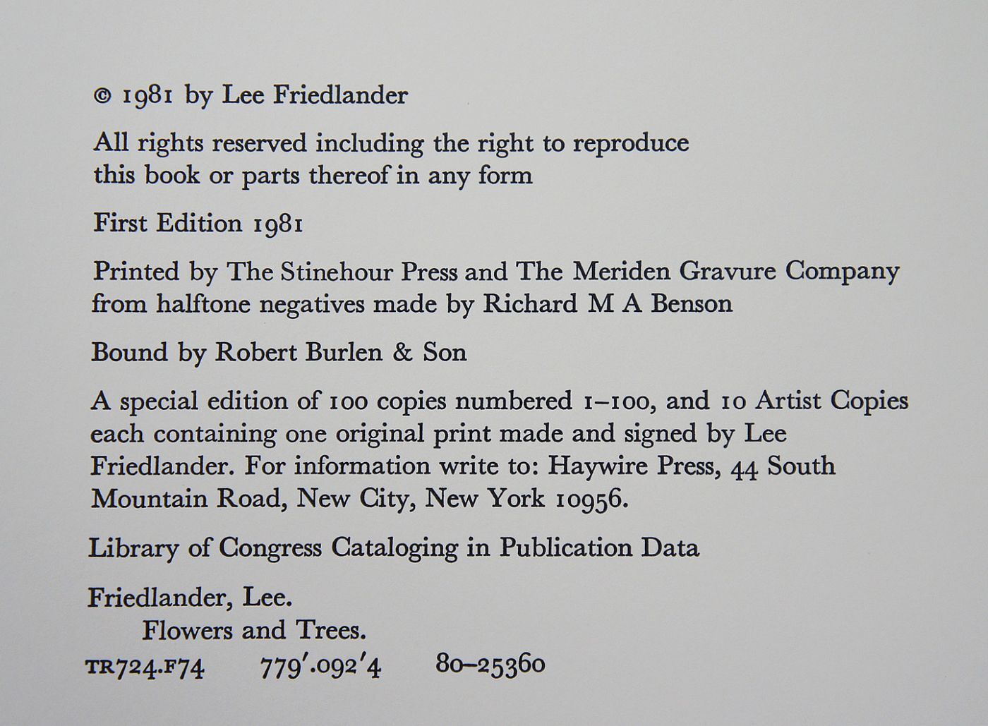 Lee Friedlander: Flowers and Trees (Special Limited Edition with One Vintage Gelatin Silver Print)