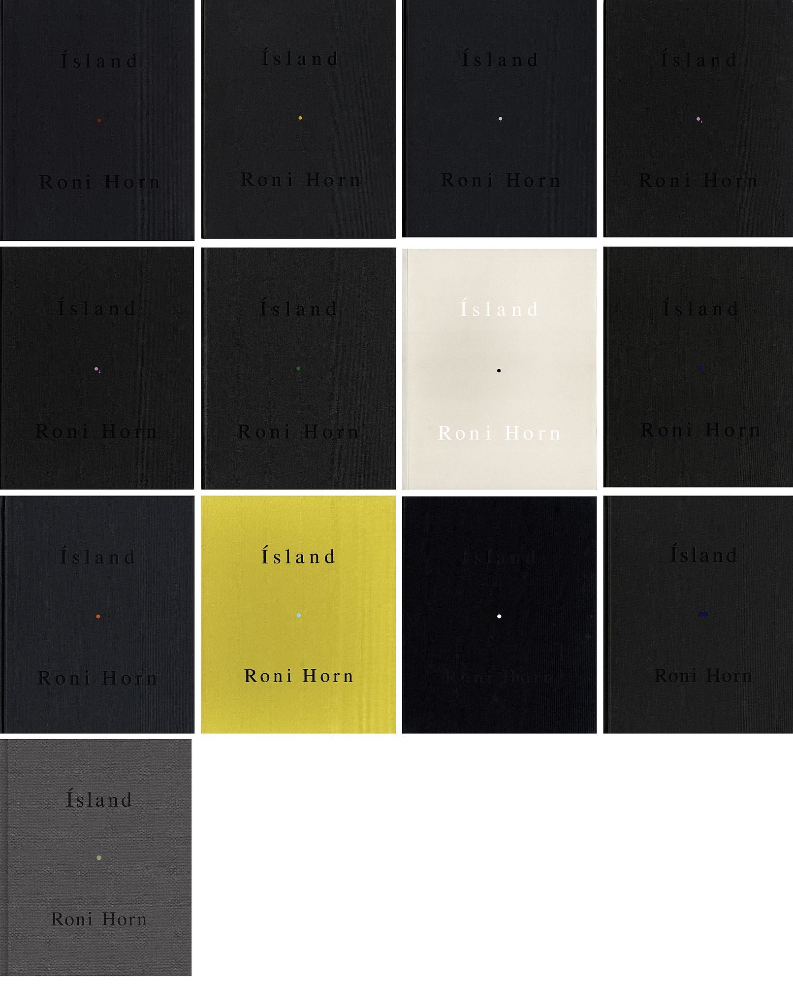Roni Horn: Ísland (Iceland): To Place 1-11 (Complete Set, with Inner Geography supplement) [all titles SIGNED, all in AS NEW Condition]: 1) Bluff Life; 2) Folds; 3) Lava; 4) Pooling Waters (2 volumes); 5) Verne's Journey; 6) Haraldsdóttir; 7) Arctic Circles; 8) Becoming a Landscape (two volume boxed set); 9) Doubt Box (boxed set); 10) Haraldsdóttir, Part Two; 11) Mother, Wonder; 12) Inner Geography (catalogue supplement)