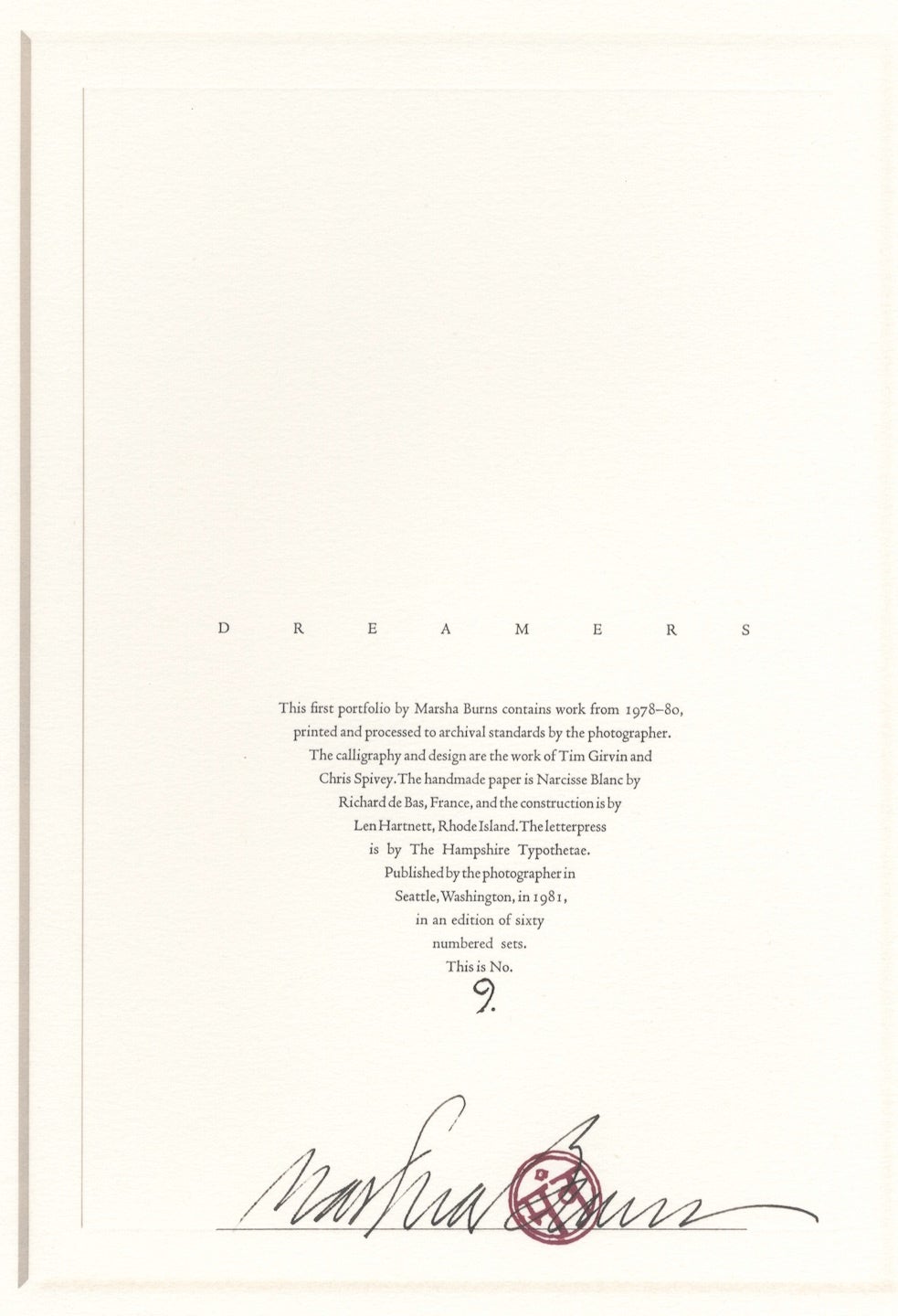 Marsha Burns: Dreamers, Portfolio (with 12 Gelatin Silver Prints) [SIGNED]